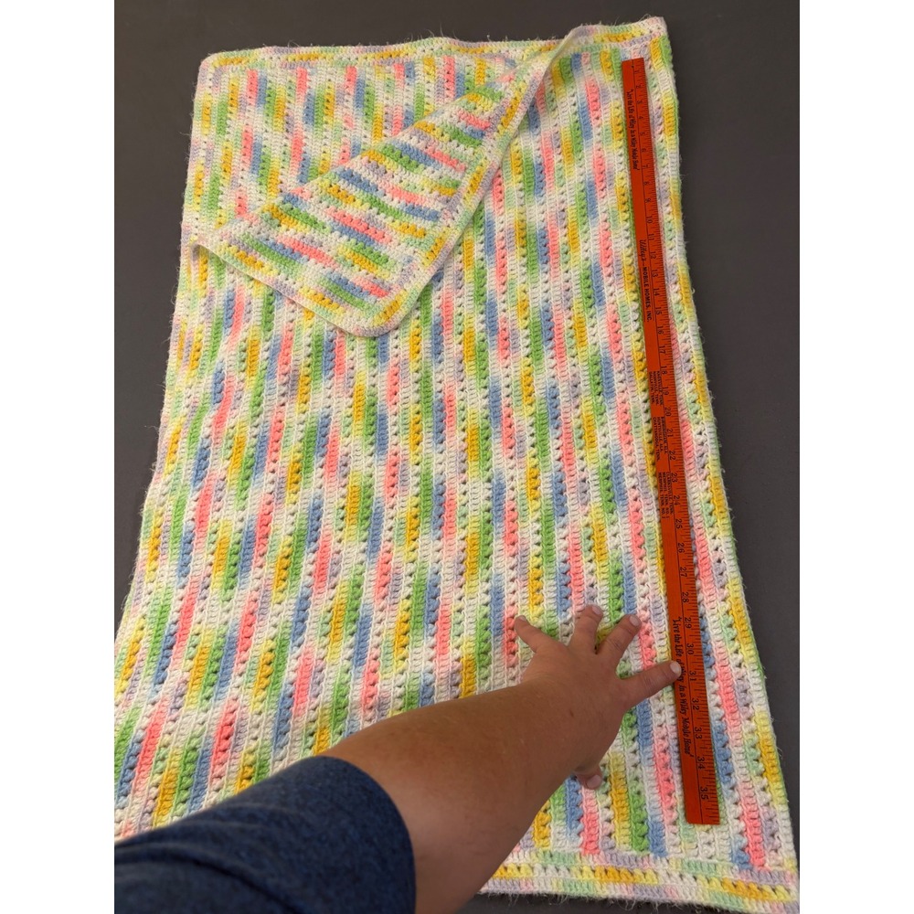 Handmade Crochet Baby Blanket Pastel Rainbow Stripe Multi Color Afghan 26x42 - Picture 3 of 3